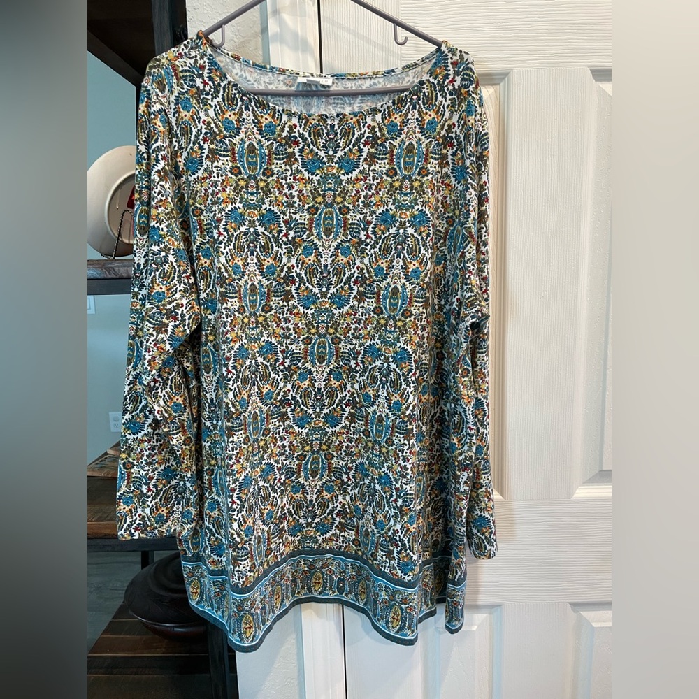J. Jill long sleeve tunic blouse paisley southwestern print split contrast hem